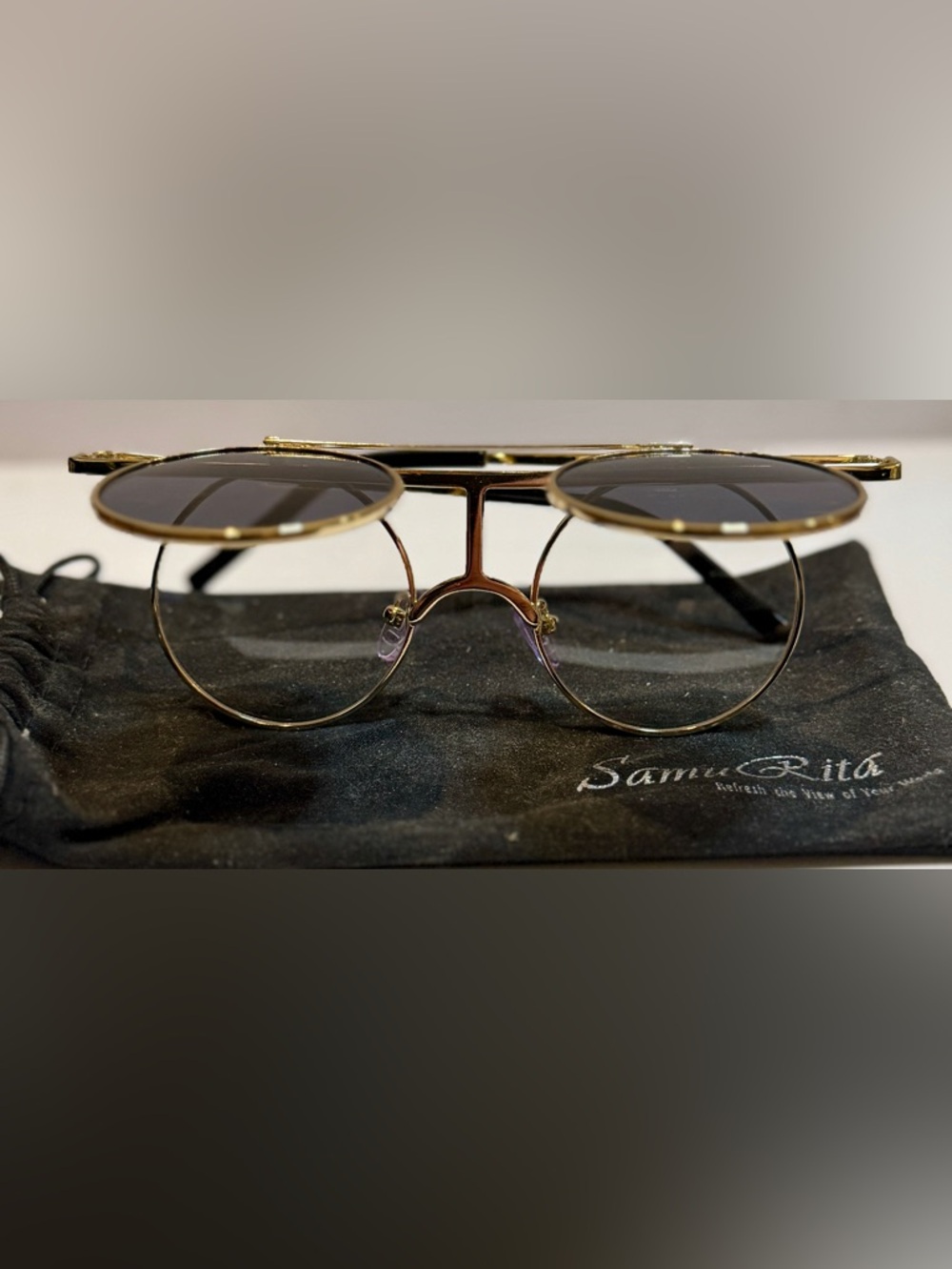 Steampunk Flip-Up Round Sunglasses Gold Frame w/Soft Bag - Picture 2 of 7